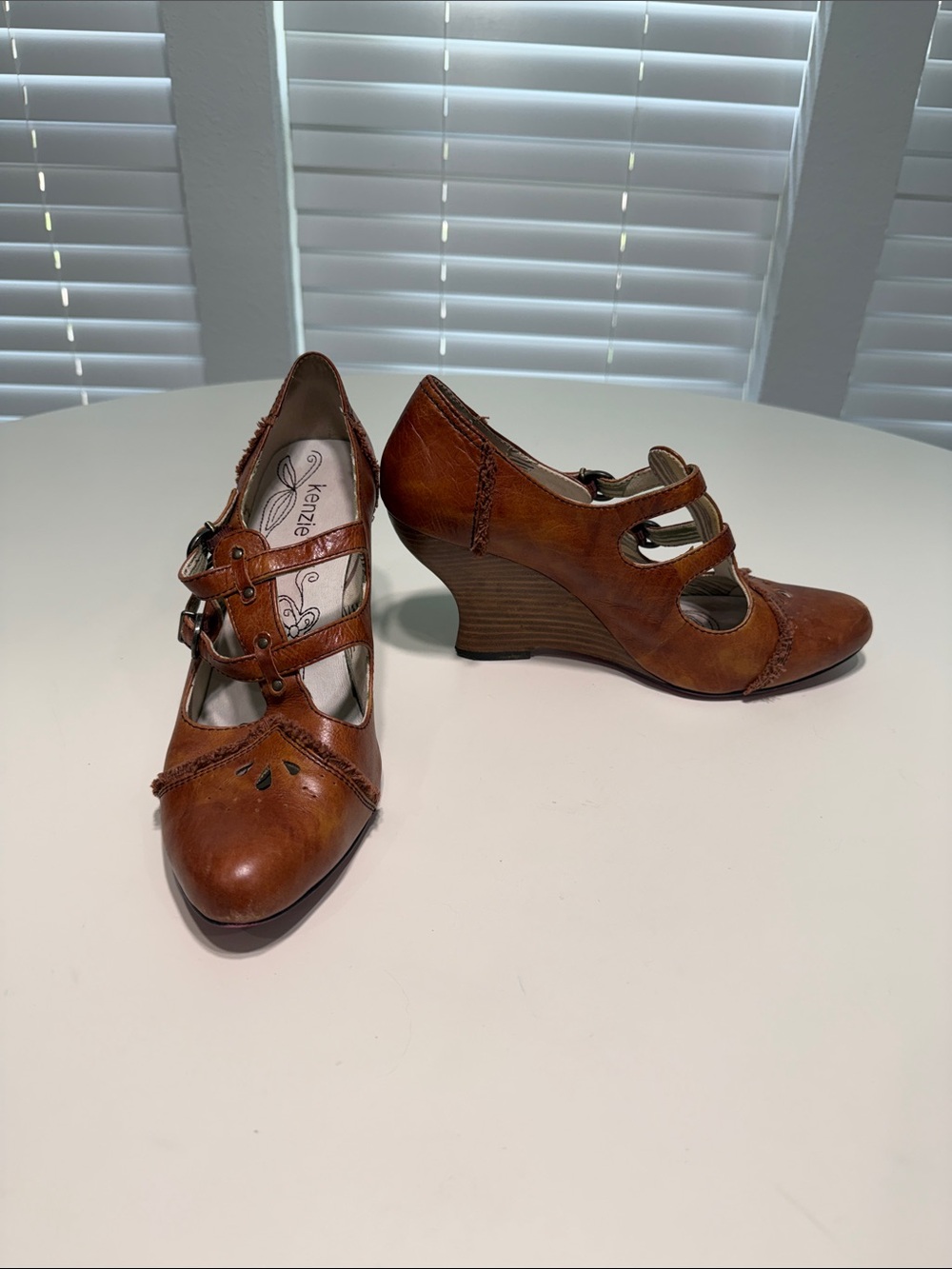 Kenzie Sandra Tan Brown Leather Triple-Strap Wedge Mary Jane Heels